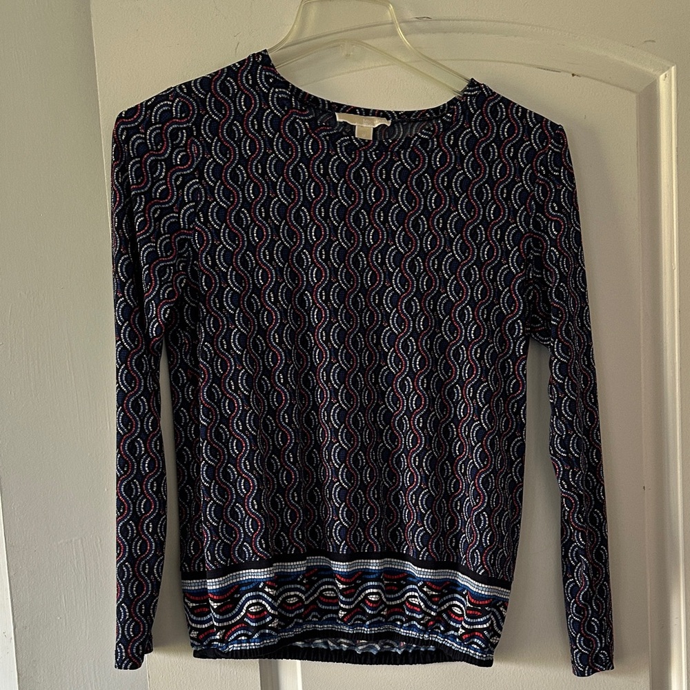 Michael Kors Navy and Red Patterned Long Sleeve Top